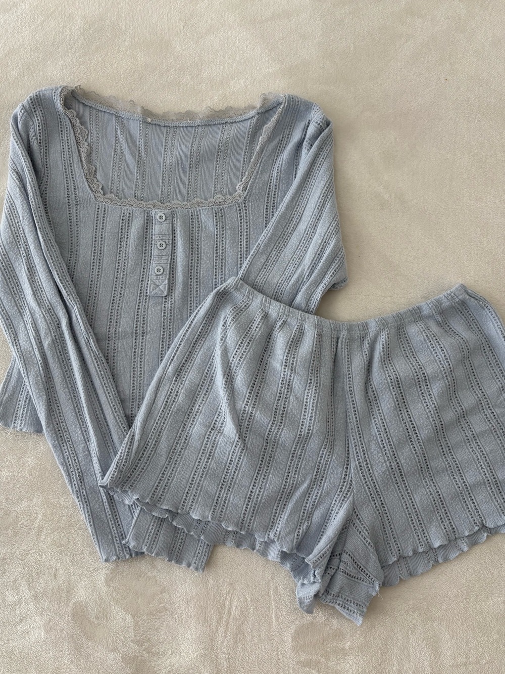 Blue Pointelle Pajama Shorts and Long Sleeve Set
